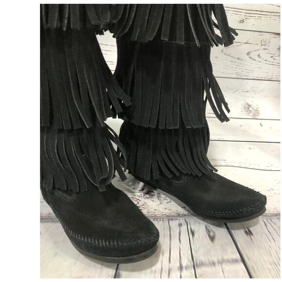 Minnetonka 3-Layer Black Fringe Boot 12" tall cowgirl western size 7 - Picture 4 of 13